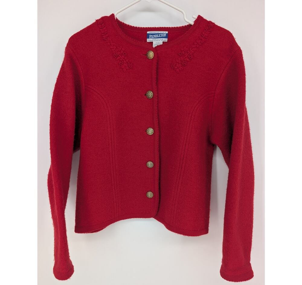 Vintage 90s Pendleton 100% Wool Red Cardigan Petite M 3D Floral Detail Classic